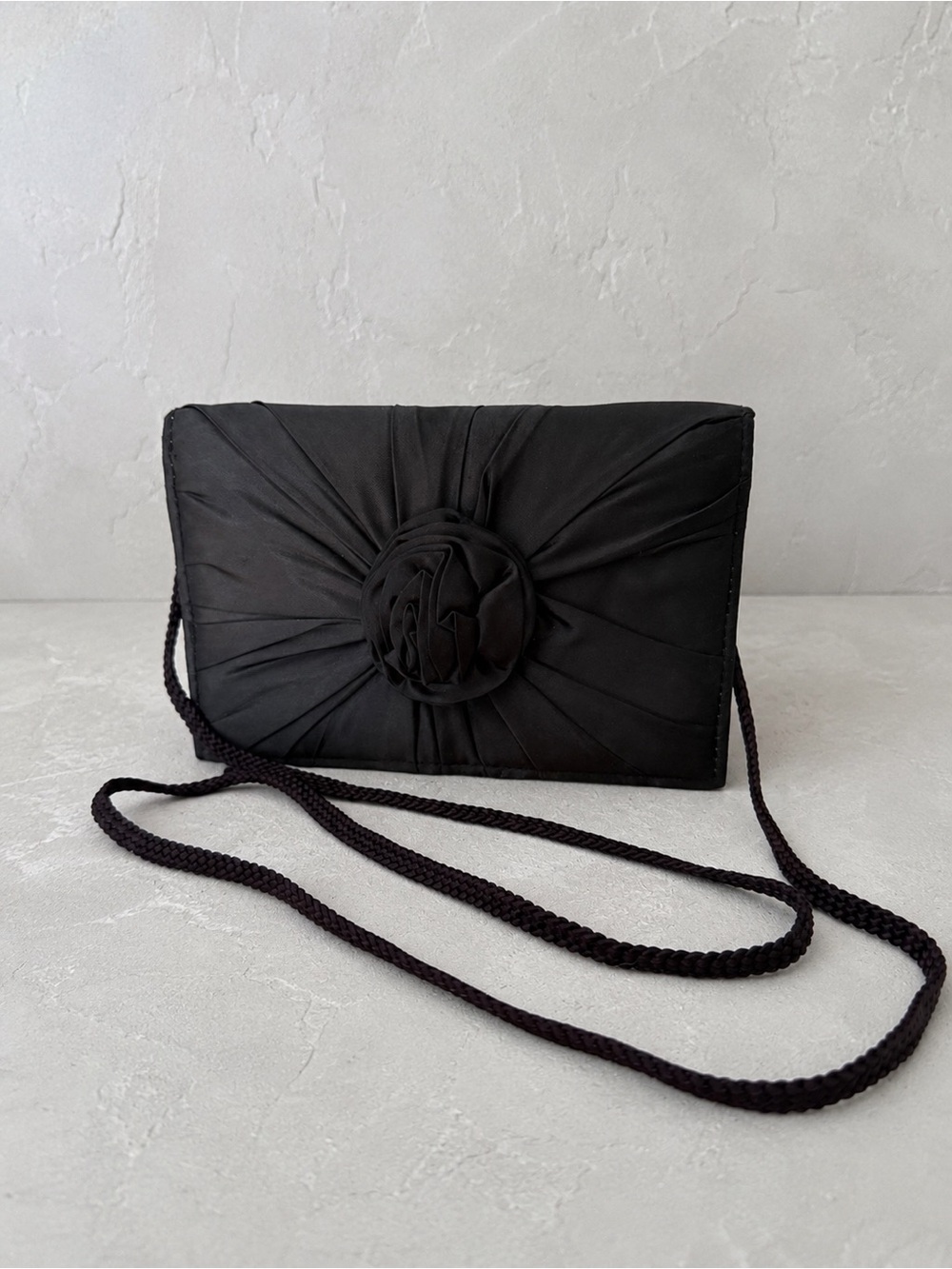Vintage La Regale Black Satin Rosette Evening Bag Shoulder Purse